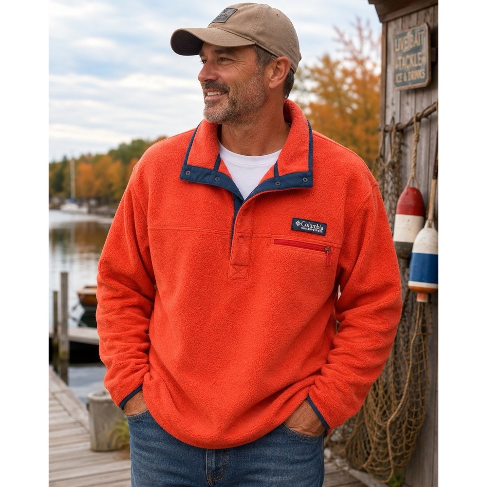 Columbia PFG Harborside Fleece Pullover Men XL Orange Snap Neck FM6137